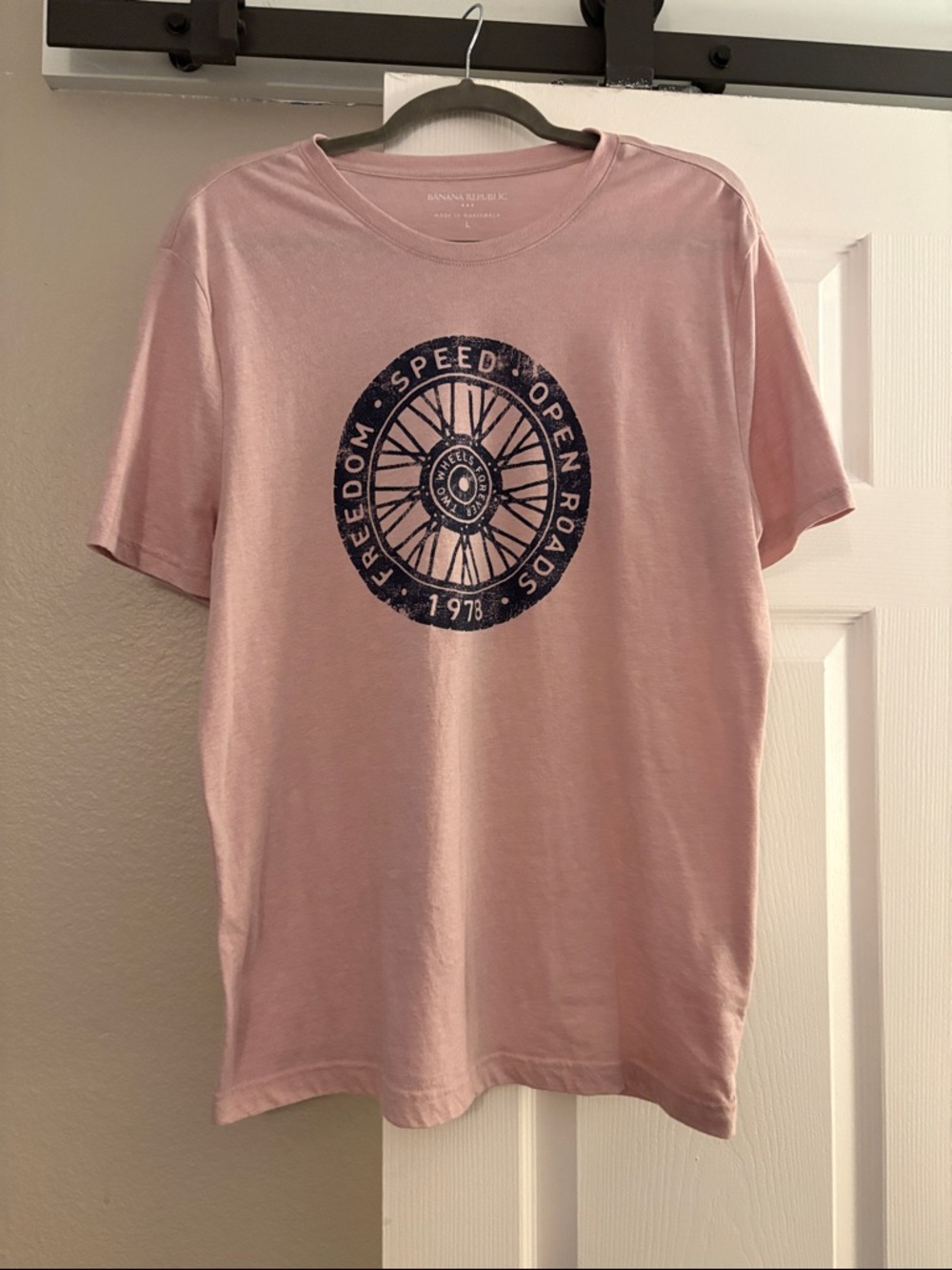 Banana Republic Men’s Light Pink Graphic Tee with Navy Wheel Print - Size Large